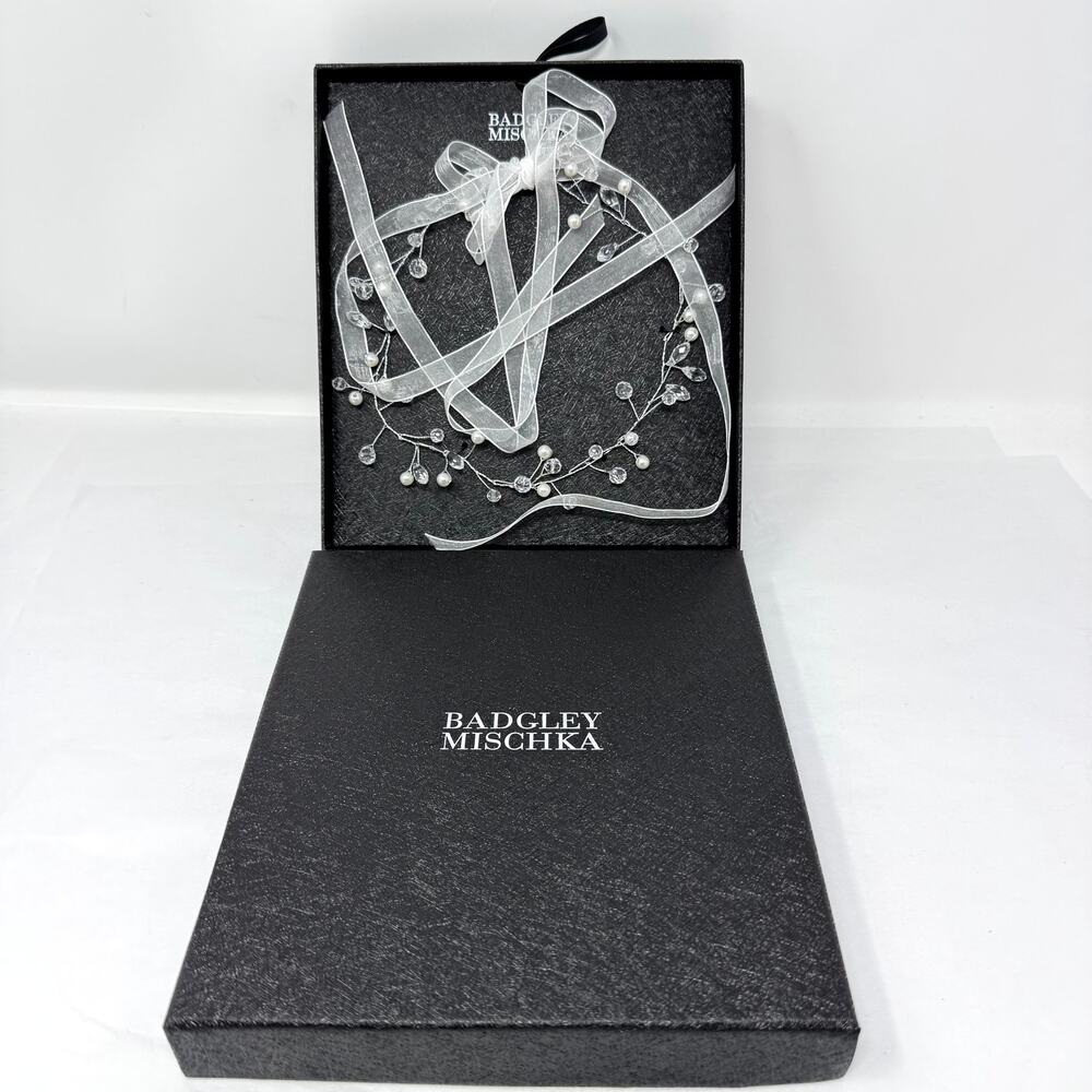 Badgley Mischka Bridal Crystal Pearl Hair Vine Headpiece White Ribbon NIB